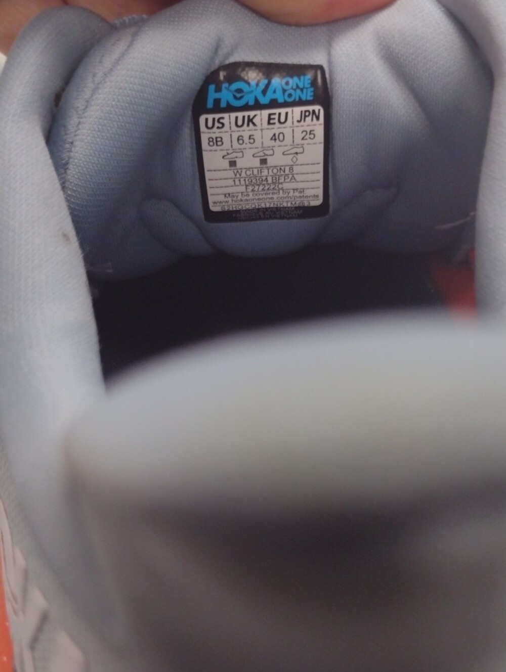 Hoka One One Clifton 8 Light Gray and Coral Athletic Shoe . - Picture 9 of 16